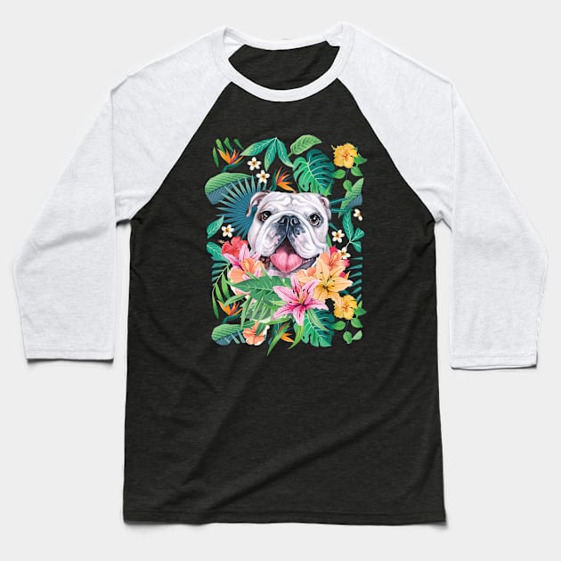 Tropical White English British Bulldog 2 Baseball T-Shirt by LulululuPainting